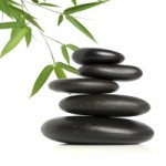 Picture shows a pile of basalt therapy stones beside some green bamboo leaves